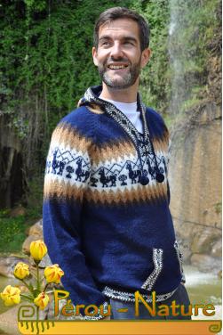 Pull péruvien homme avec capuche en laine d'alpaga